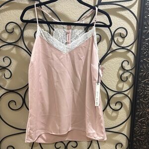 Gibson Pink Lace Trim Satin Tank Top